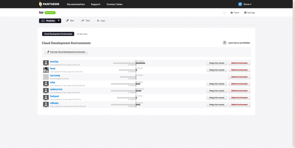 image of the control panel for pantheon multidev sites