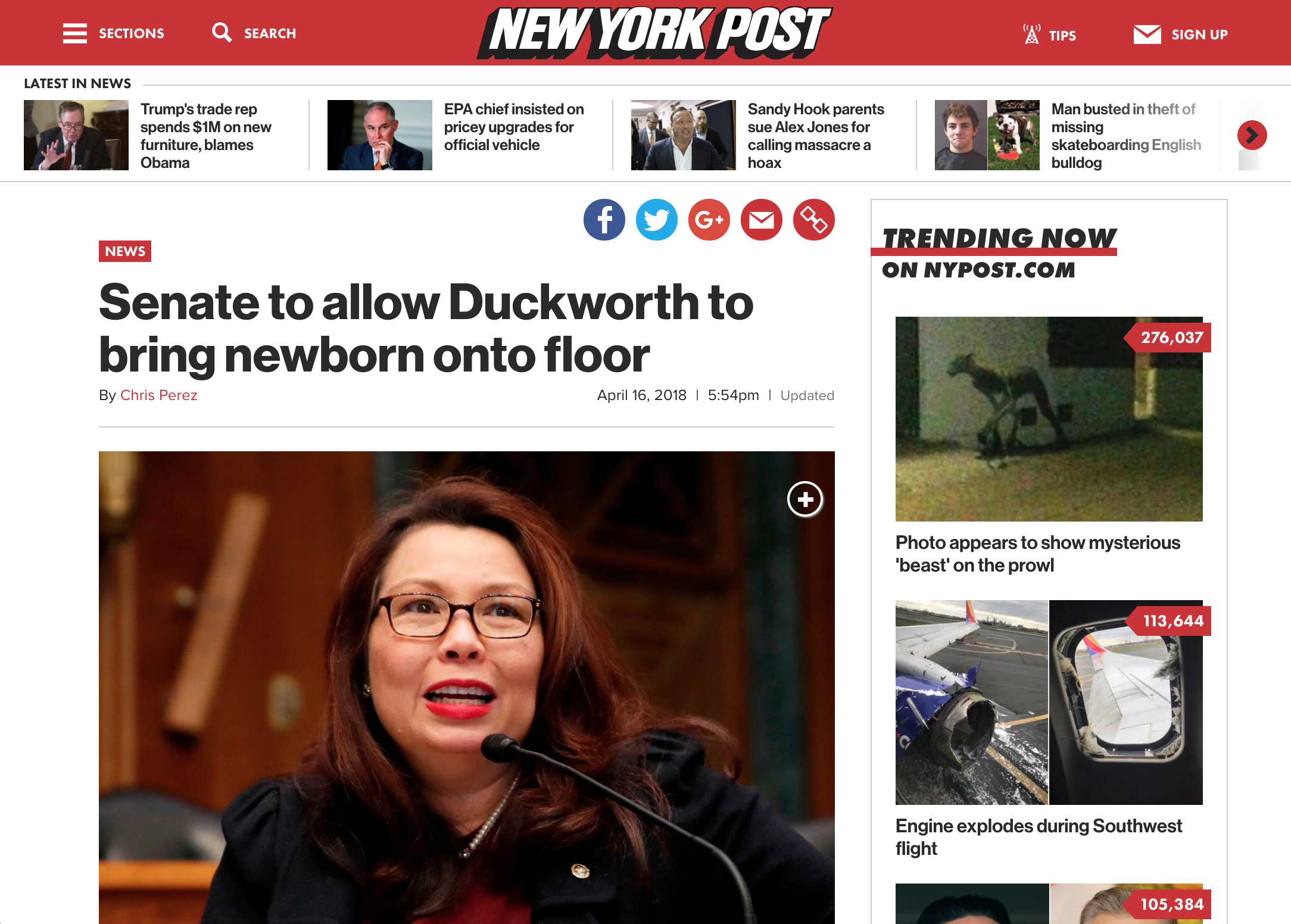 The main page of the New York Post with navigation, featured article, and additional content