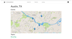 A map of Austin titled "Events" with four blue pins at various locations. The beginning of a list of links entitled "Topics" is below, but only the first, "Recycling," is visible