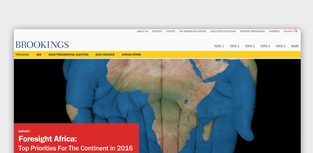 The front page of Brookings with a headline over an image of Africa overlaid on two outstretched hands