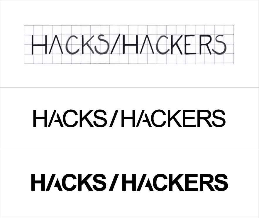 Three versions of the Hacks / Hackers logo, from drawn sketch to digital preview to final image