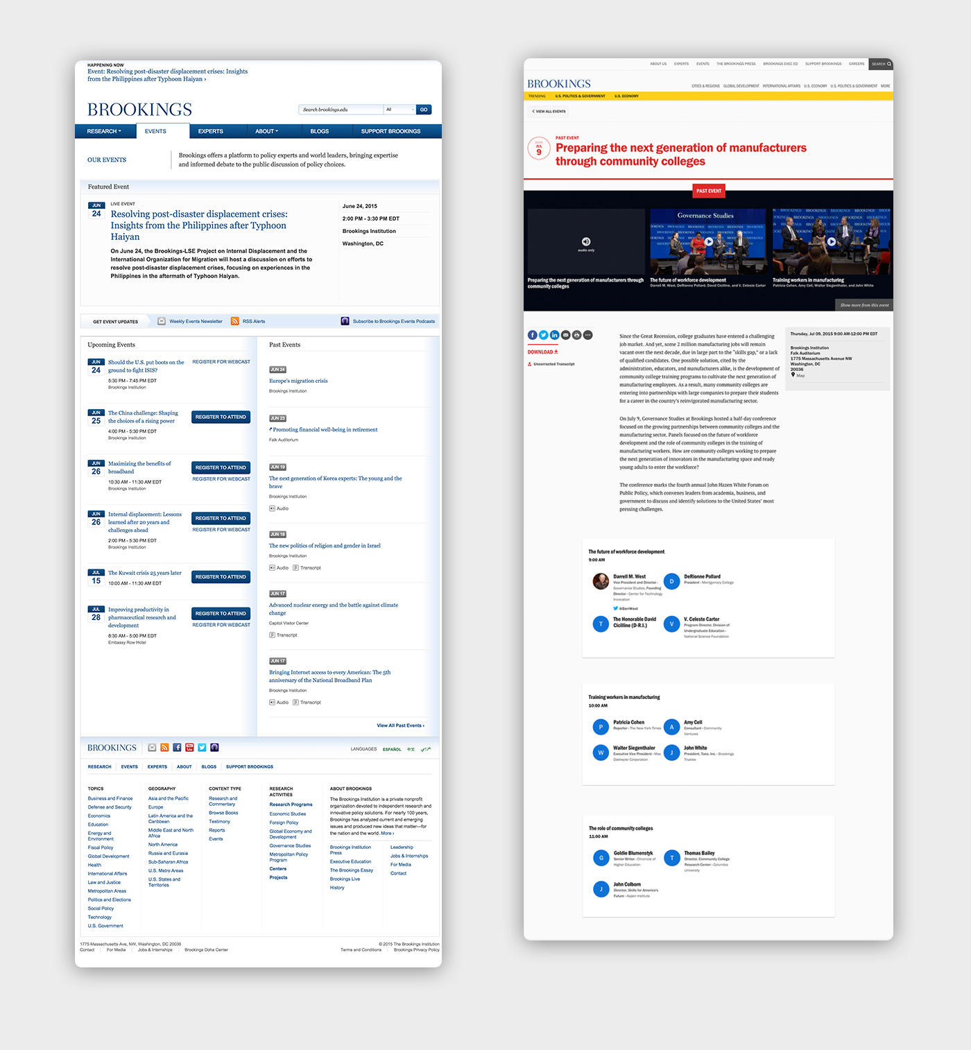 A before and after of another set of content, primarily blue text links and buttons on the left and  on the right, multiple images and longer paragraph text and social share buttons