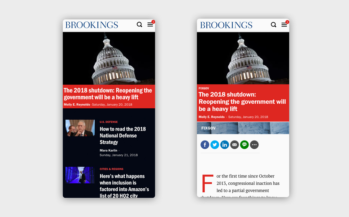 Mobile views of the Brookings site - on the left, the home page with images and headlines, and on the right a single article view also with an image and headline in red