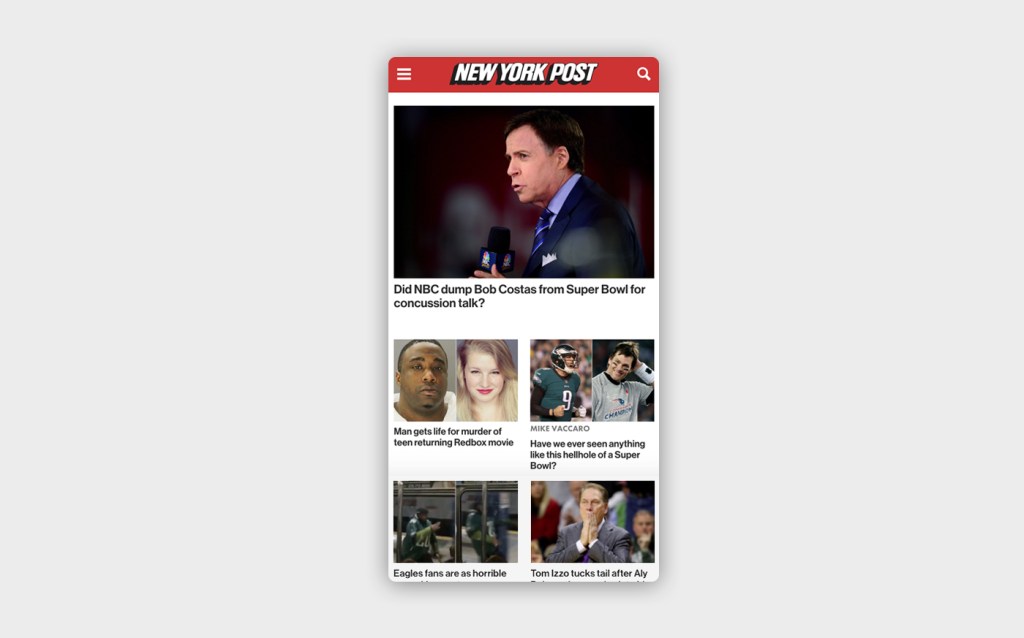 A mobile screenshot of the New York Post with a large image and headline, with four smaller images and headlines underneath