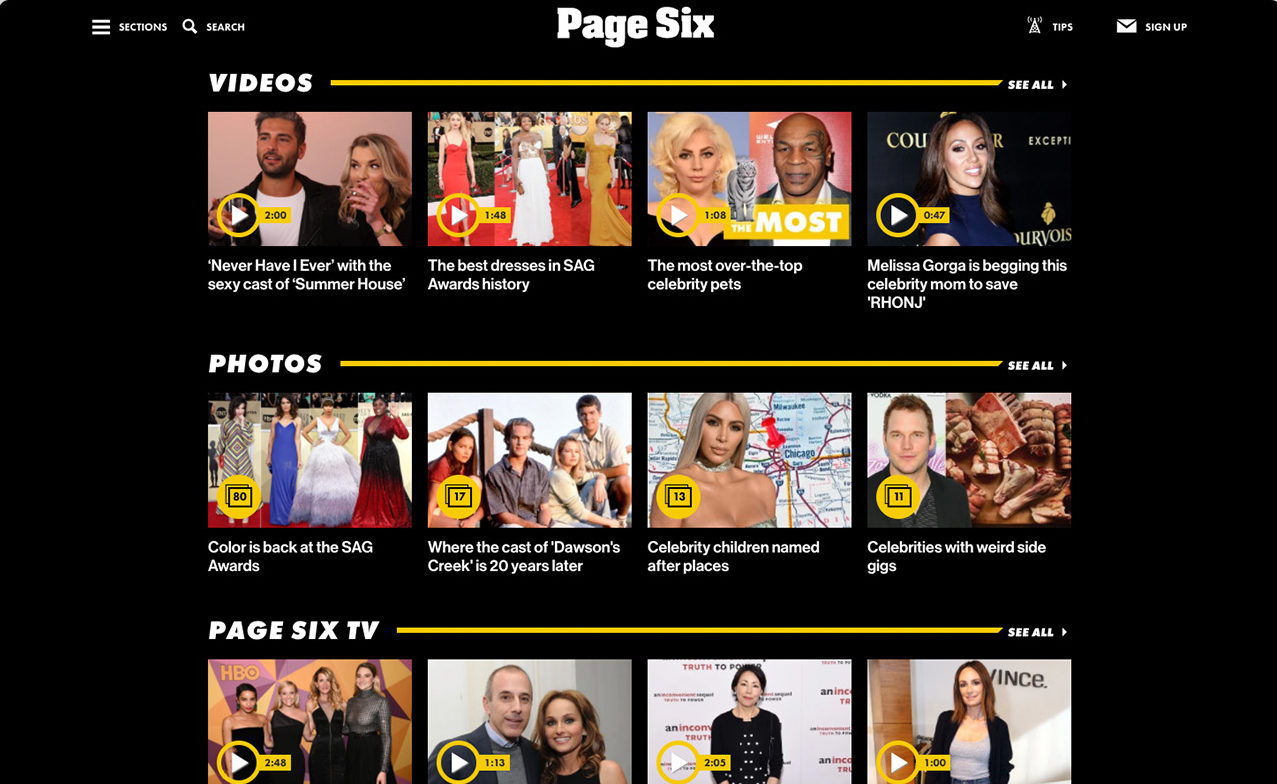 The front page of Page Six with large thumbnails of video content arranged under the categories of Videos, Photos, and Page Six TV, arrayed on a black background