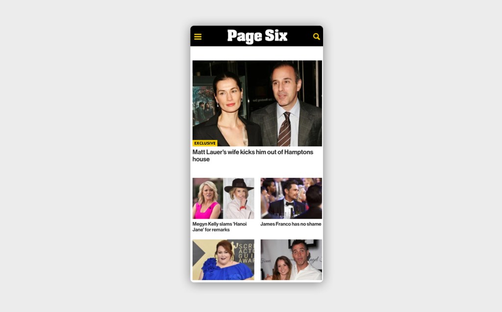 A mobile screenshot of Page Six with a large image and headline, with four smaller images and headlines underneath