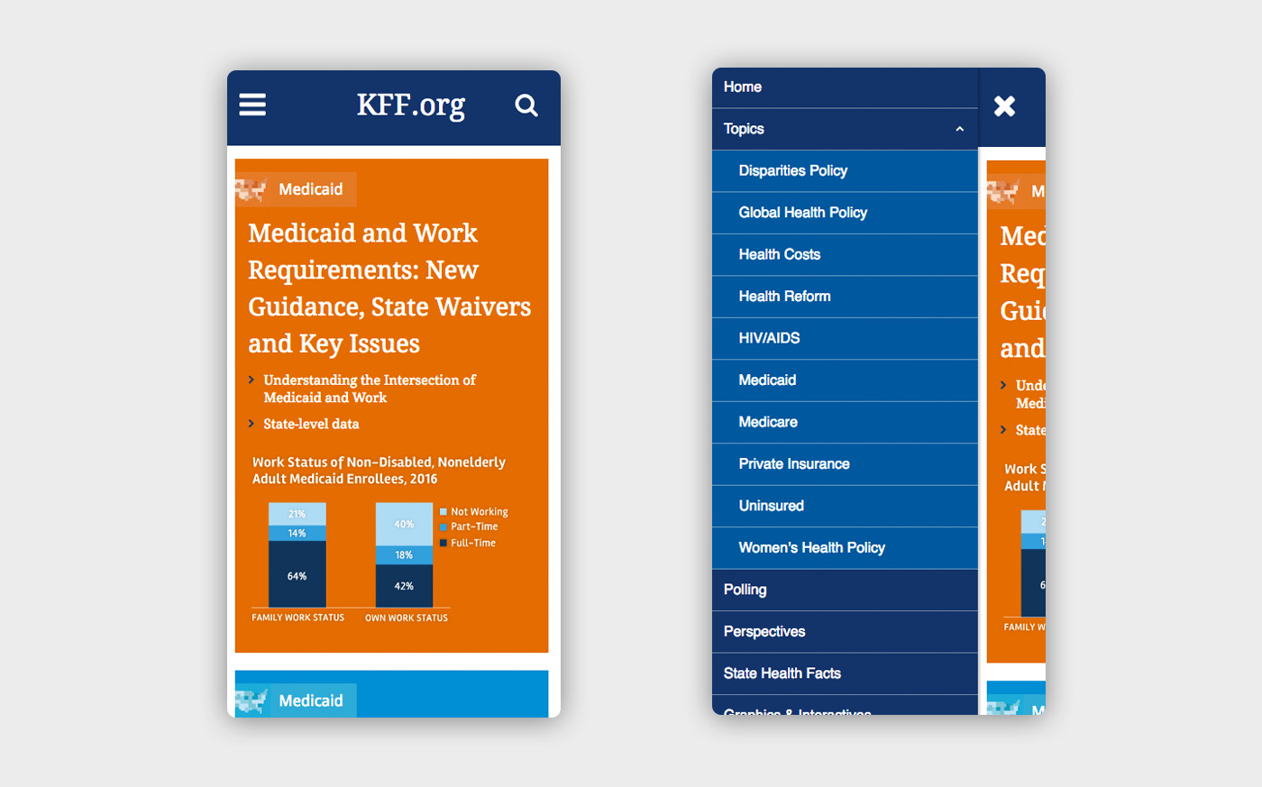 Two views of the mobile site, one displaying the presentation of the home page with a large orange block housing an article, and the other showing the navigation menu with multiple topics in white text on blue