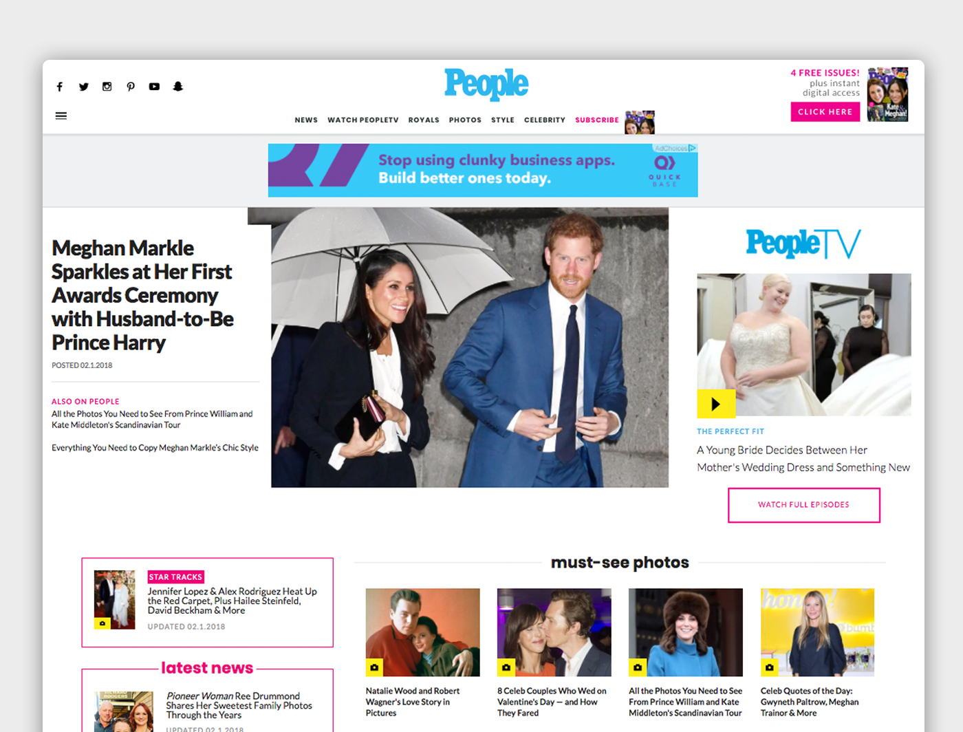 The People front page with navigation, a featured article, and various other features such as PeopleTV, must-see photos, and latest news