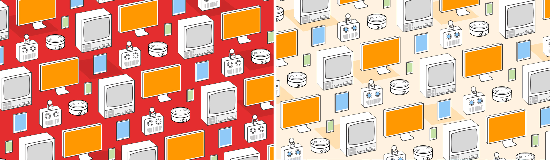 Two versions of the Alley repeating pattern, with robots, television screens, computers, Amazon Alexas, and smart devices overlaid on a red, and separate a pale orange background