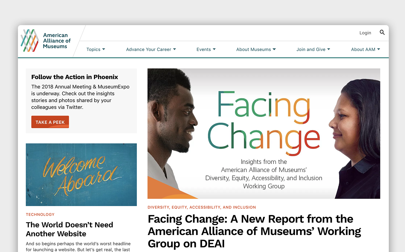 The main page of AAM with navigation, featured article, and additional content