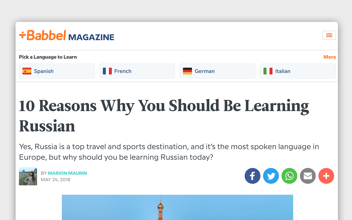 The Babbel Magazine front page with language learning links, a headline, lede, and social share links