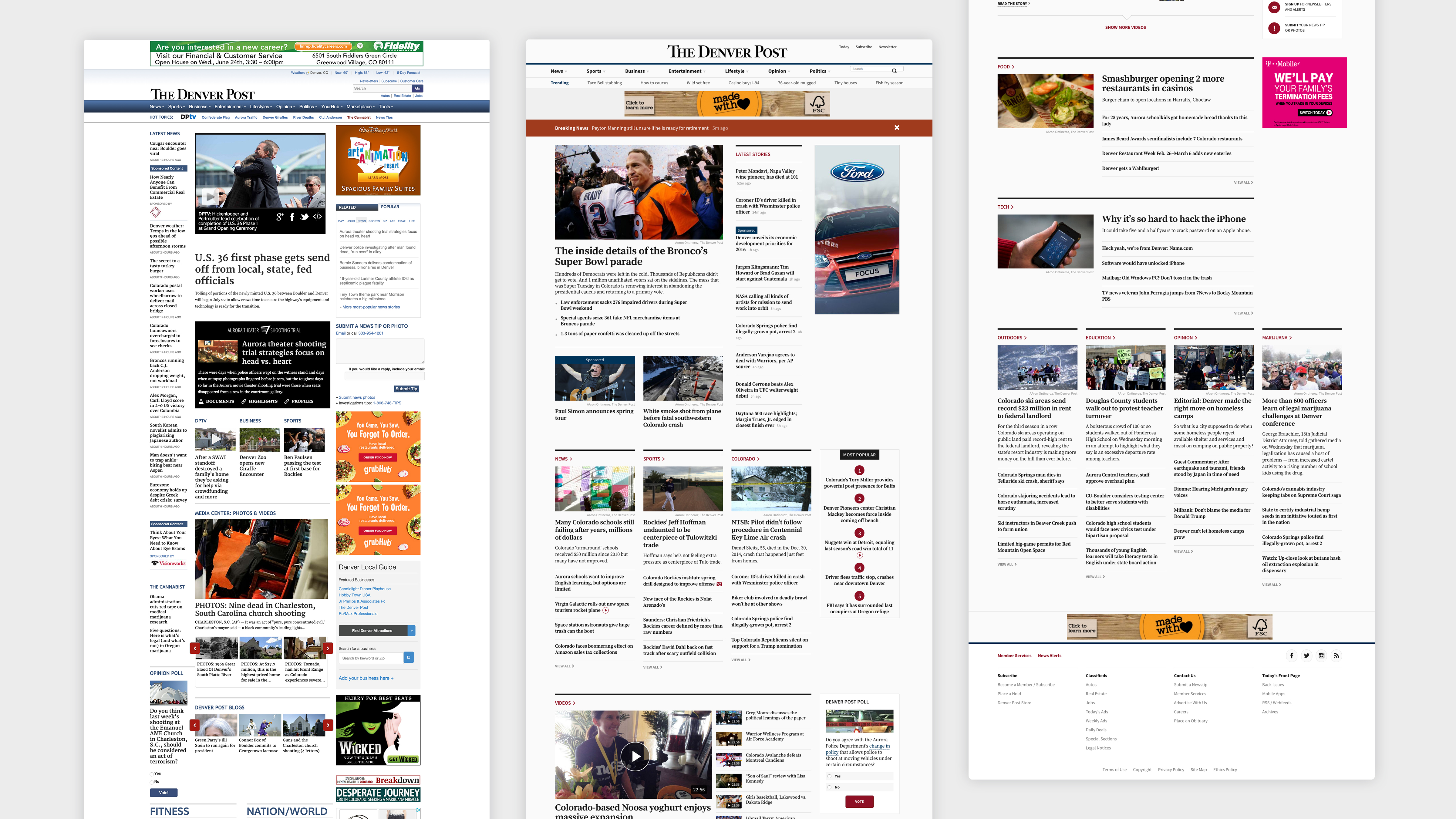 A before and after of the Denver Post redesign, comparing tighter text and smaller images, as well as a blue color scheme, on the left, with the new version of larger images, more space for text to breathe, and a dark orange color scheme on the right