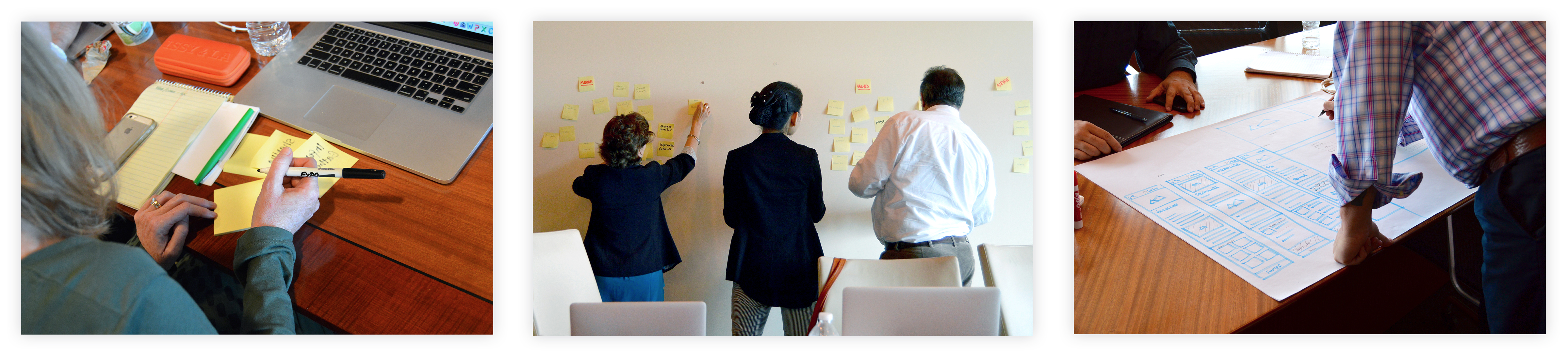 A set of three photos - a person writing on yellow post its with a sharpie, three people adding post its to a group on a white wall, and a person leaning over a blue highlighter sketch of a website