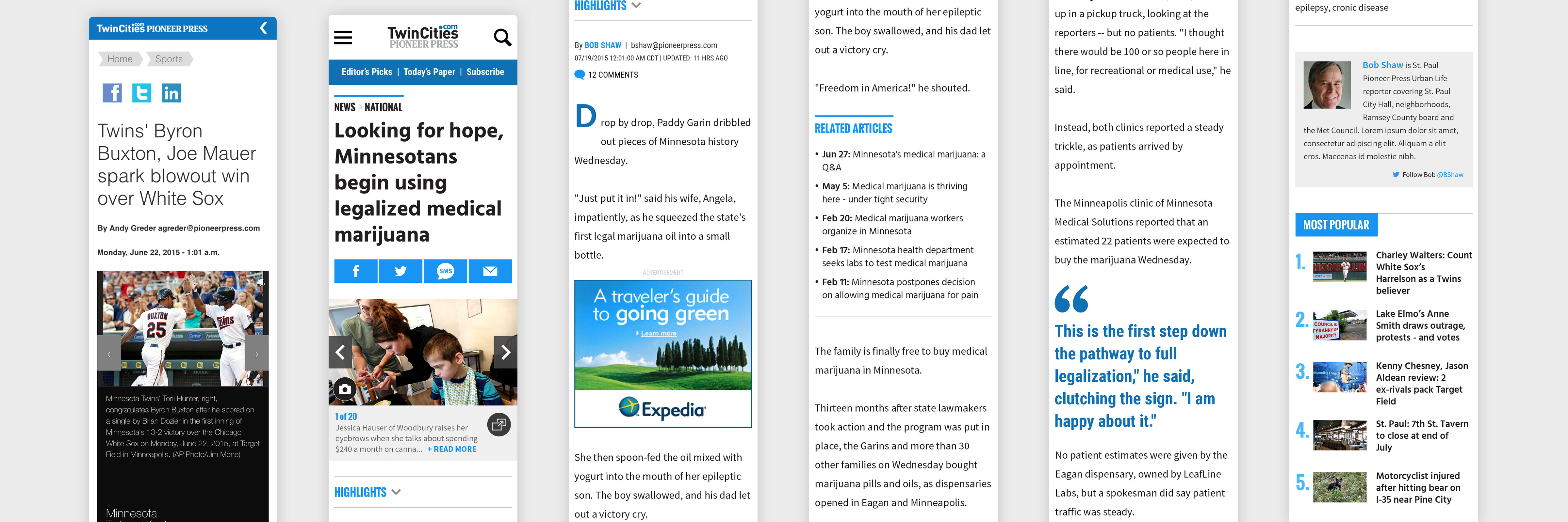 A series of thin screenshots of the mobile site, displaying headlines, images, drop quotes, related articles, and general link text, all in a light blue color scheme