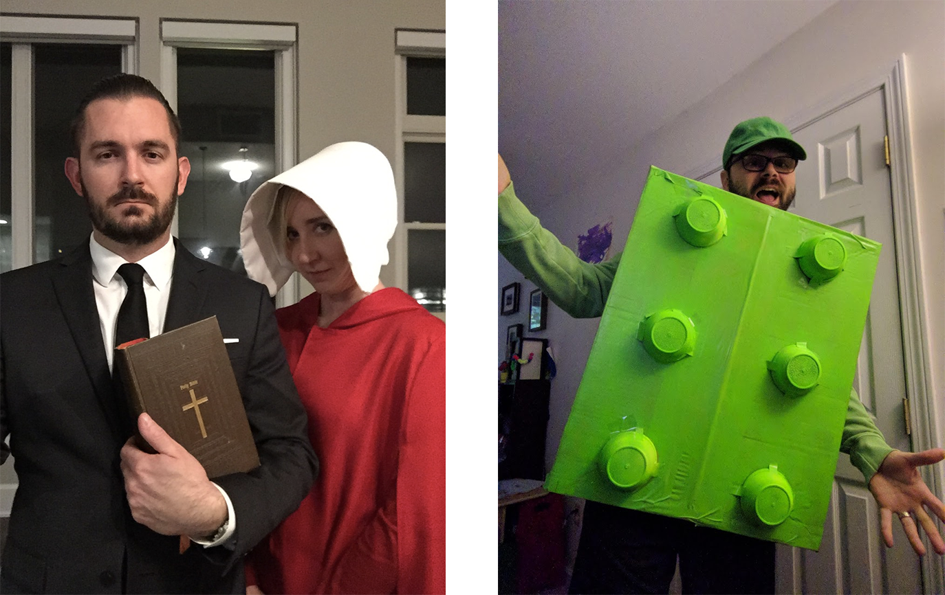 A Handmaid's Tale joint costume with a White man with a black suit and tie holding a Bible along with a White woman in a red dress and hooded white bonnet. Next to this is another photo of a White man in a green LEGO brick costume