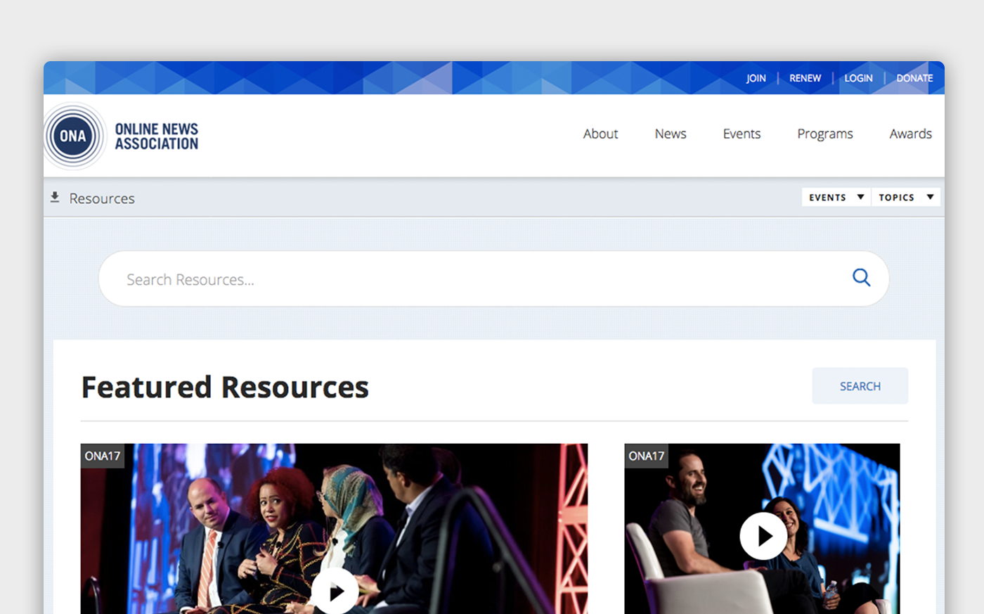A screenshot of the Featured Resources portal page on the ONA site, with a search bar and navigation links
