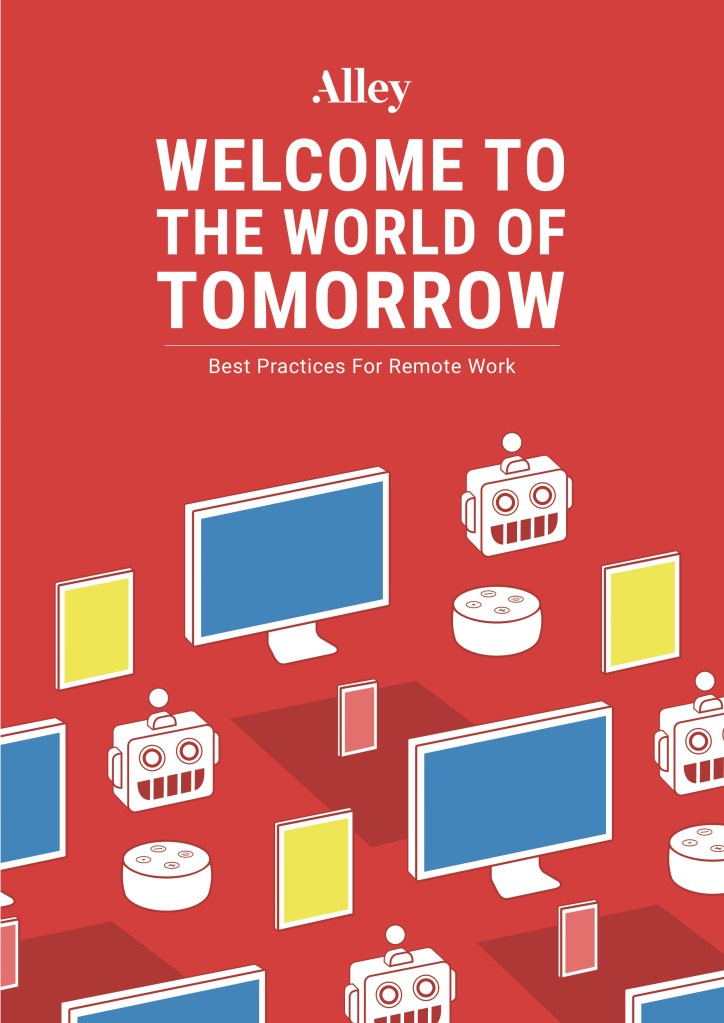 the cover of our ebook, with the title written in white on a field of red, decorated with computer screens, phones, other digital devices, and our alleybot robot