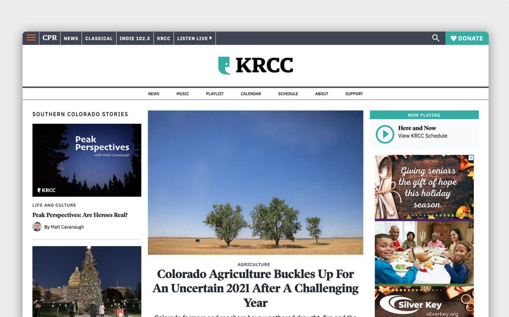 The main page of KRCC with navigation, featured article, and additional content