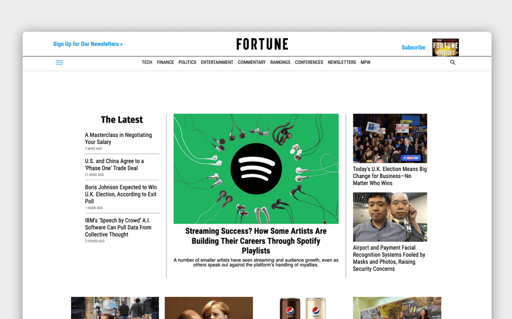The main page of Fortune with navigation, featured article, and additional content