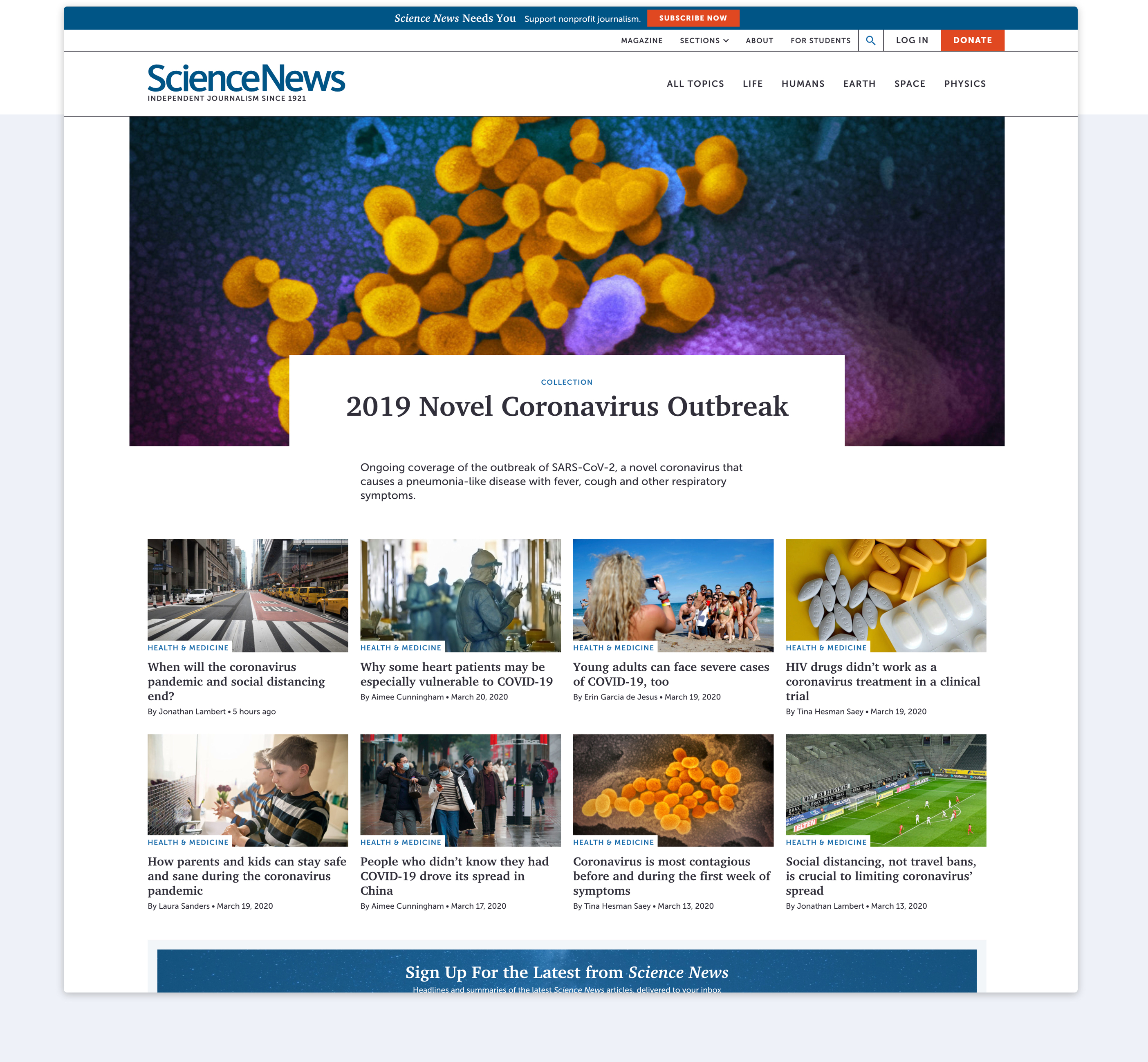 The main page of Science News with navigation, featured article, and additional content