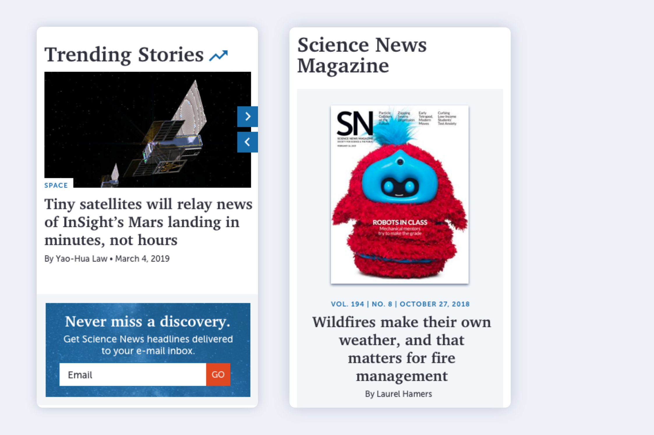 Two mobile views of the site, one with Trending Stories, a large image and headline, and a blue email subscribe callout, and the other the magazine front cover and top headline