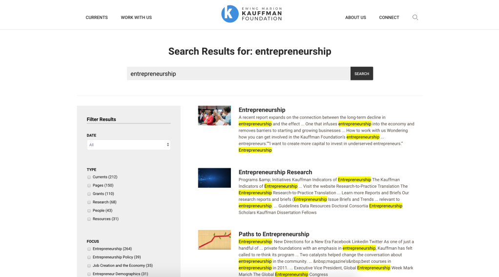 A screenshot from the Kauffman search interface showing the results for the term "entrepreneurship" with the search term highlighted in yellow in the results previews