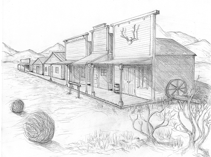 a pencil sketch of an old west street with wooden buildings heading off into the distance and tumbleweeds and sagebrush in front 