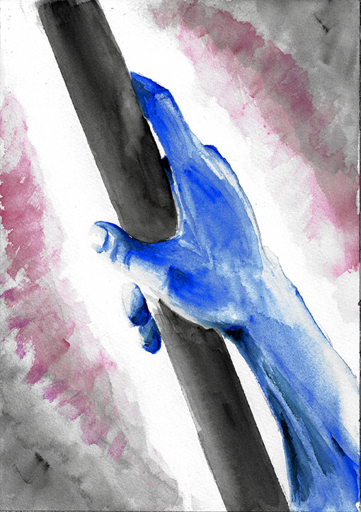 a watercolor painting of a blue hand and arm grasping a black pole diagonally across the image, with a grey and light purple aura emanating from the center