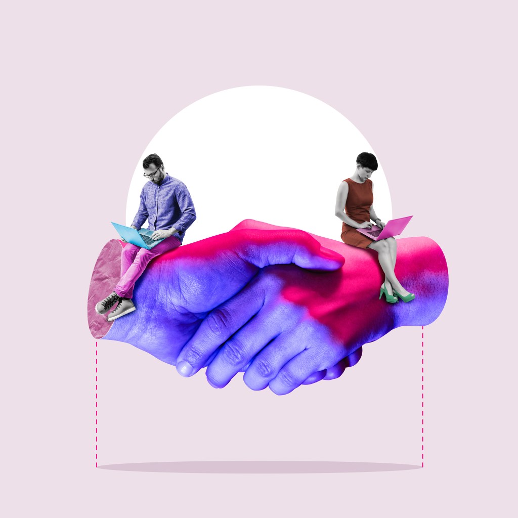 Artistic collage of two people on laptops, very focused, sitting on a handshake.