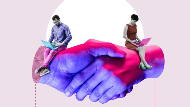 Artistic collage of two people on laptops, very focused, sitting on a handshake.