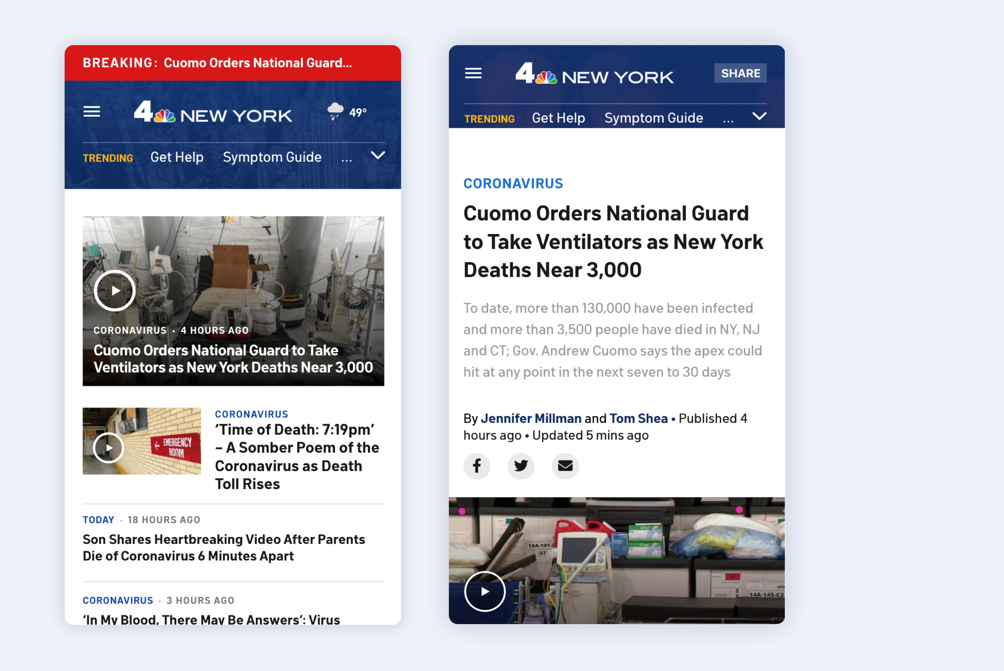 Mobile views of NBC 4 New York site with video thumbnails and bold headlines in a red and blue color scheme