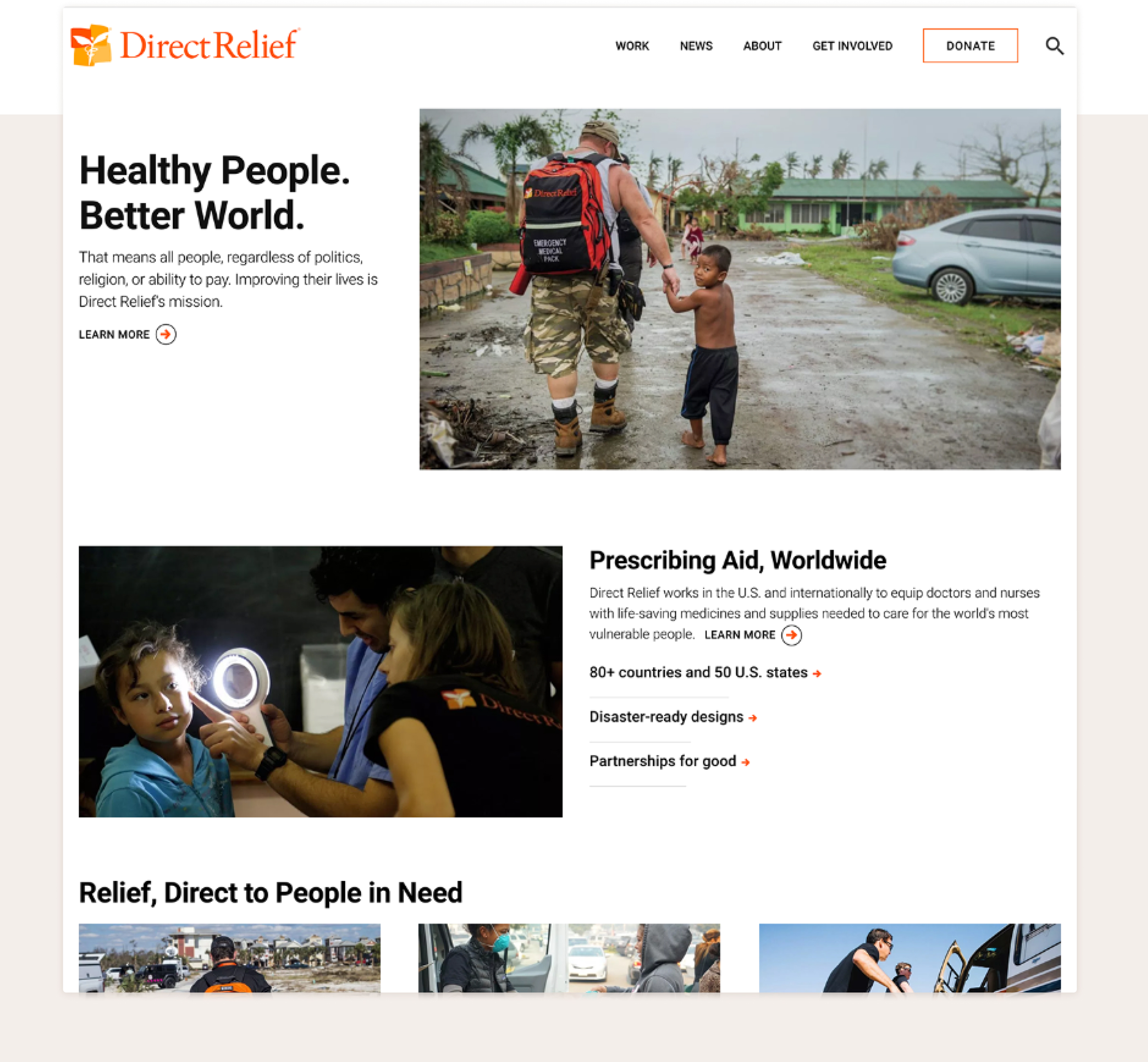 The main page of Direct Relief with navigation, featured article, and additional content