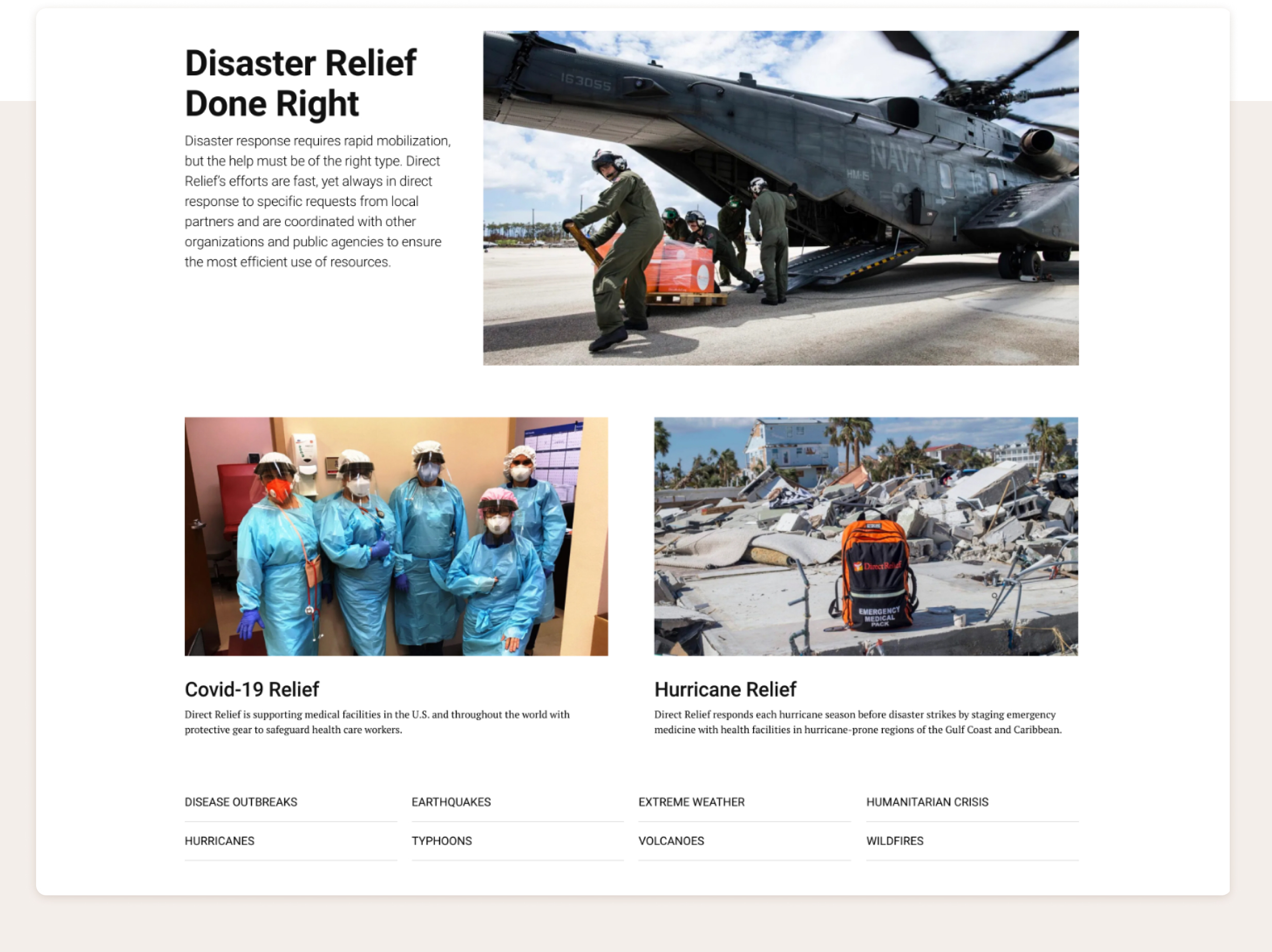 Three articles on the Direct Relief page, each with a large image, a bold headline, and a brief paragraph or sentence of information