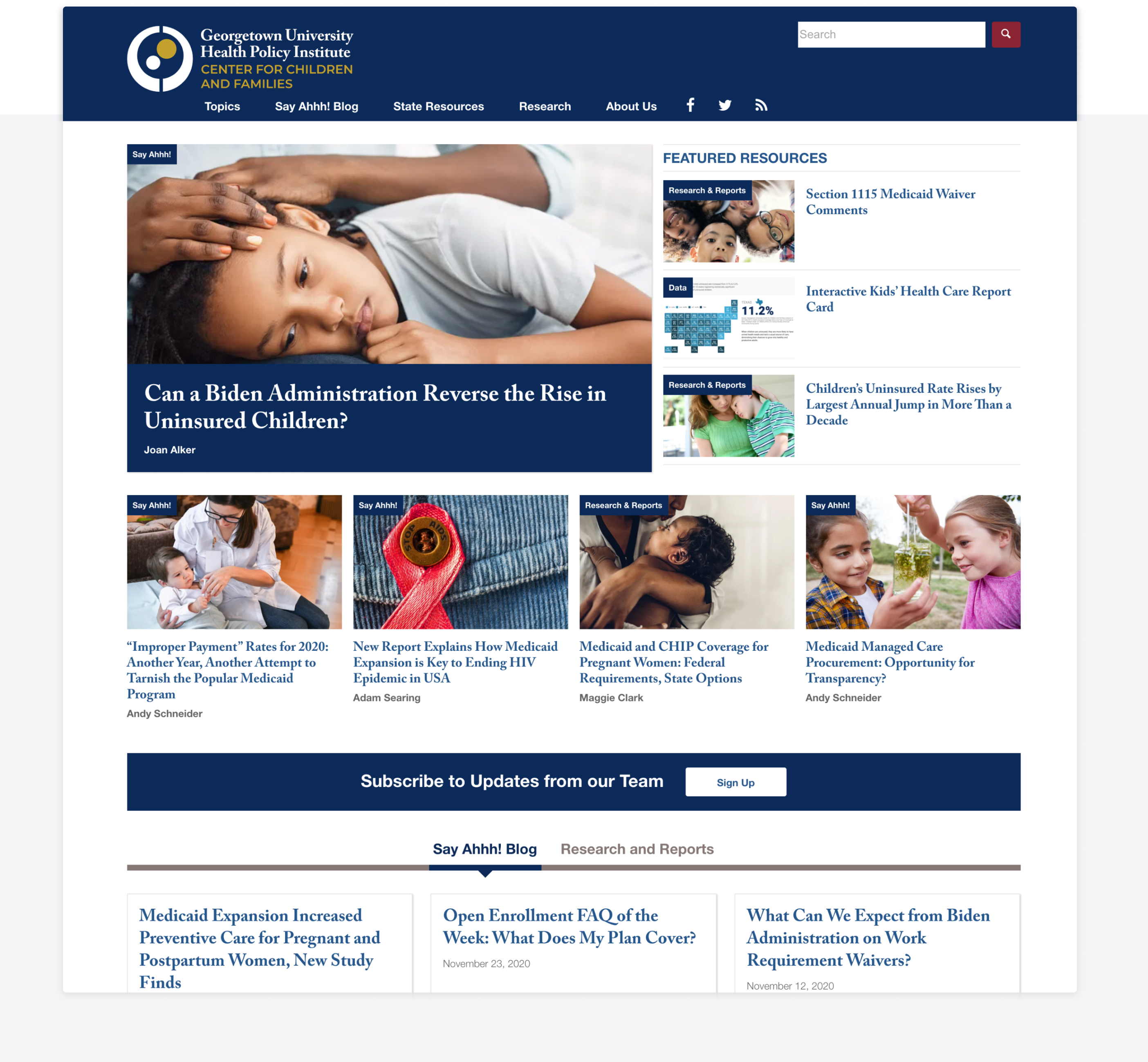 The main page of Georgetown CCF with navigation, featured article, and additional content