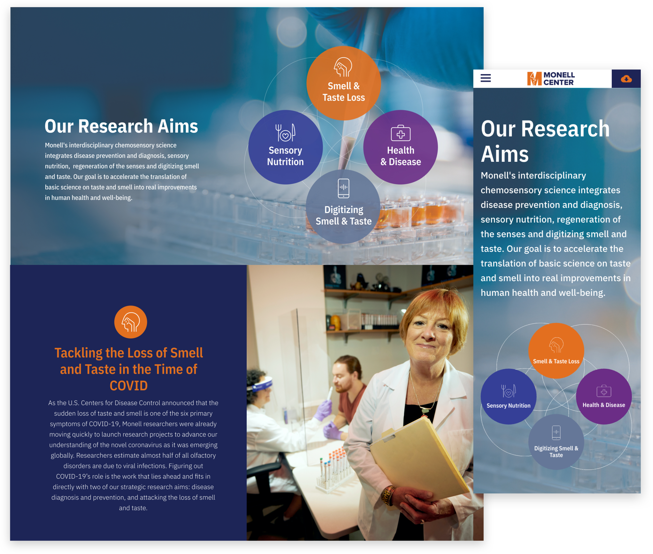 The desktop and mobile views of the "Our Research Aims" section of the report, with a brief paragraph explanation and four different colored circles with white line icons of each of the research goals