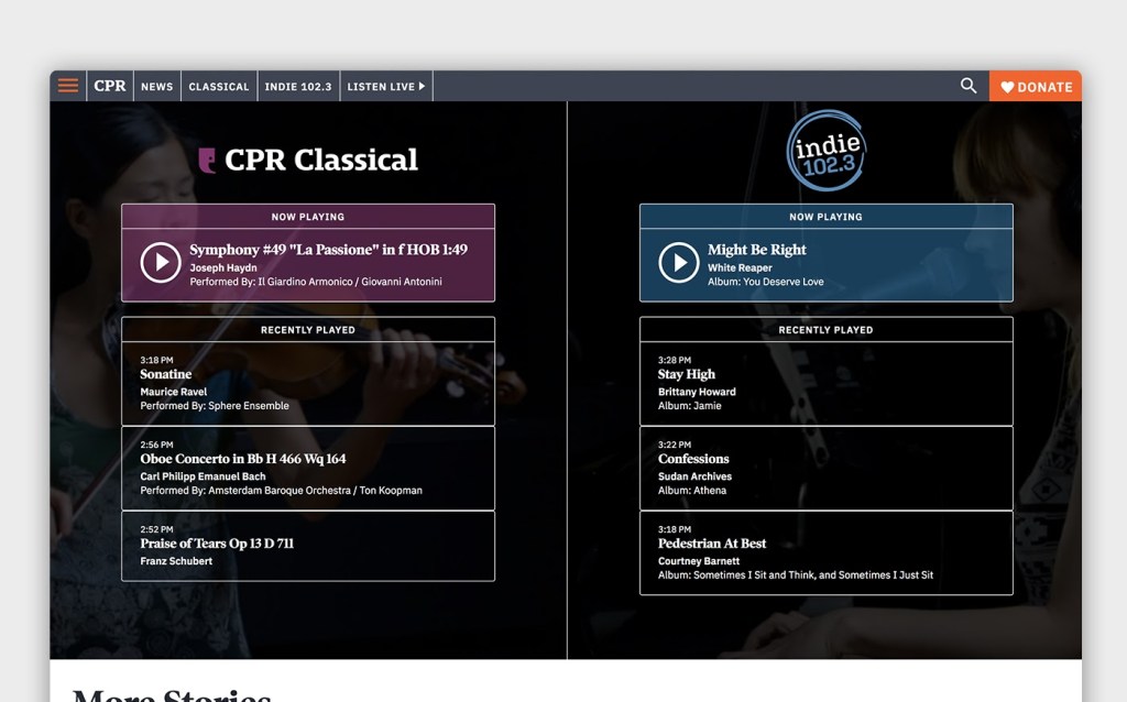 A display of the audio player on the site with previously played songs lists  and play buttons for CPR Classical on the left in purple and indie 102.3 on the right in blue, all on a faded black background image of musicians