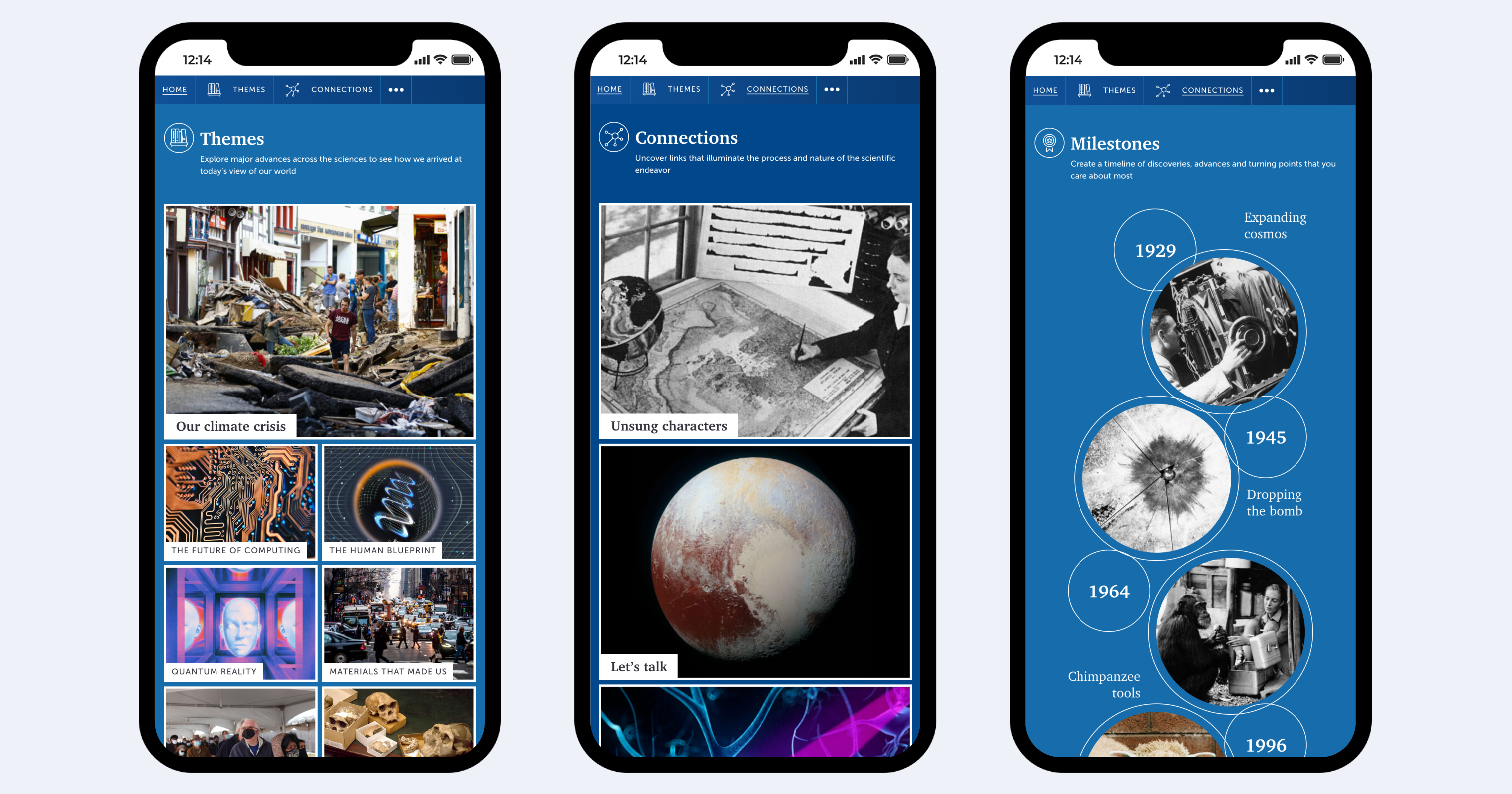 Mobile displays of the Themes, Connections, and Milestones sections of the Century of Science website.