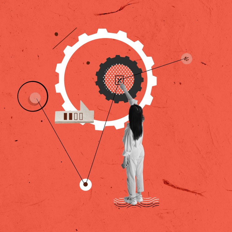 Artsy collage of a young woman stepping up to giant gears