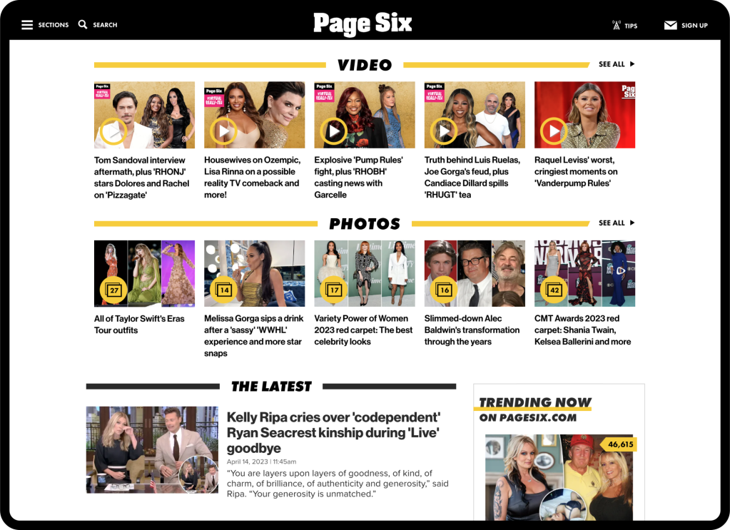 Screenshot of the Page Six homepage, highlighting video, photo, and recently published content.