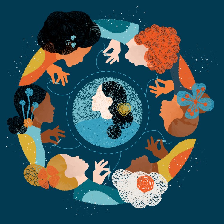 circle of white, black and latina women meditating