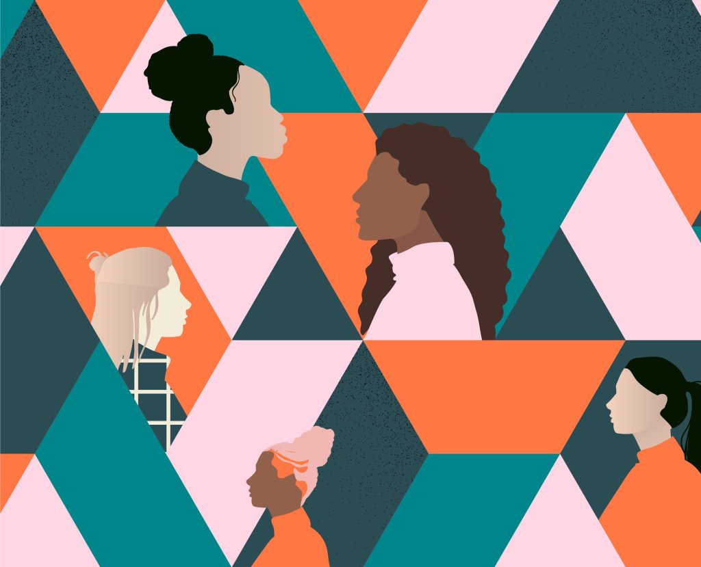 patterned image of diverse cameos on a colorful background