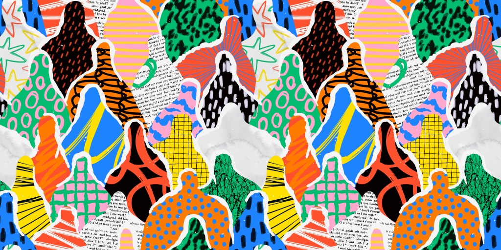colorful collage of patterns cut out in the shape of people