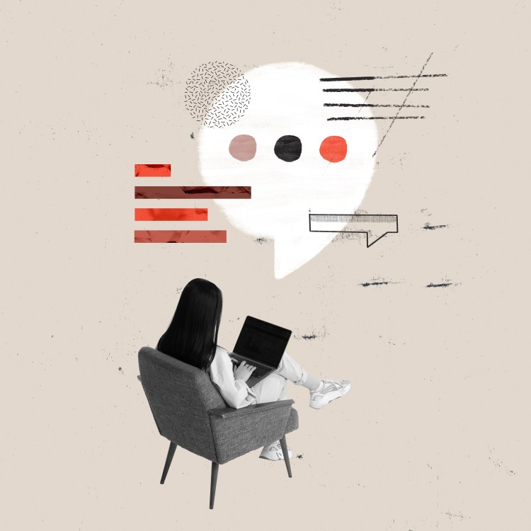 Artistic collage of a woman working on her laptop with thought bubbles all around her.