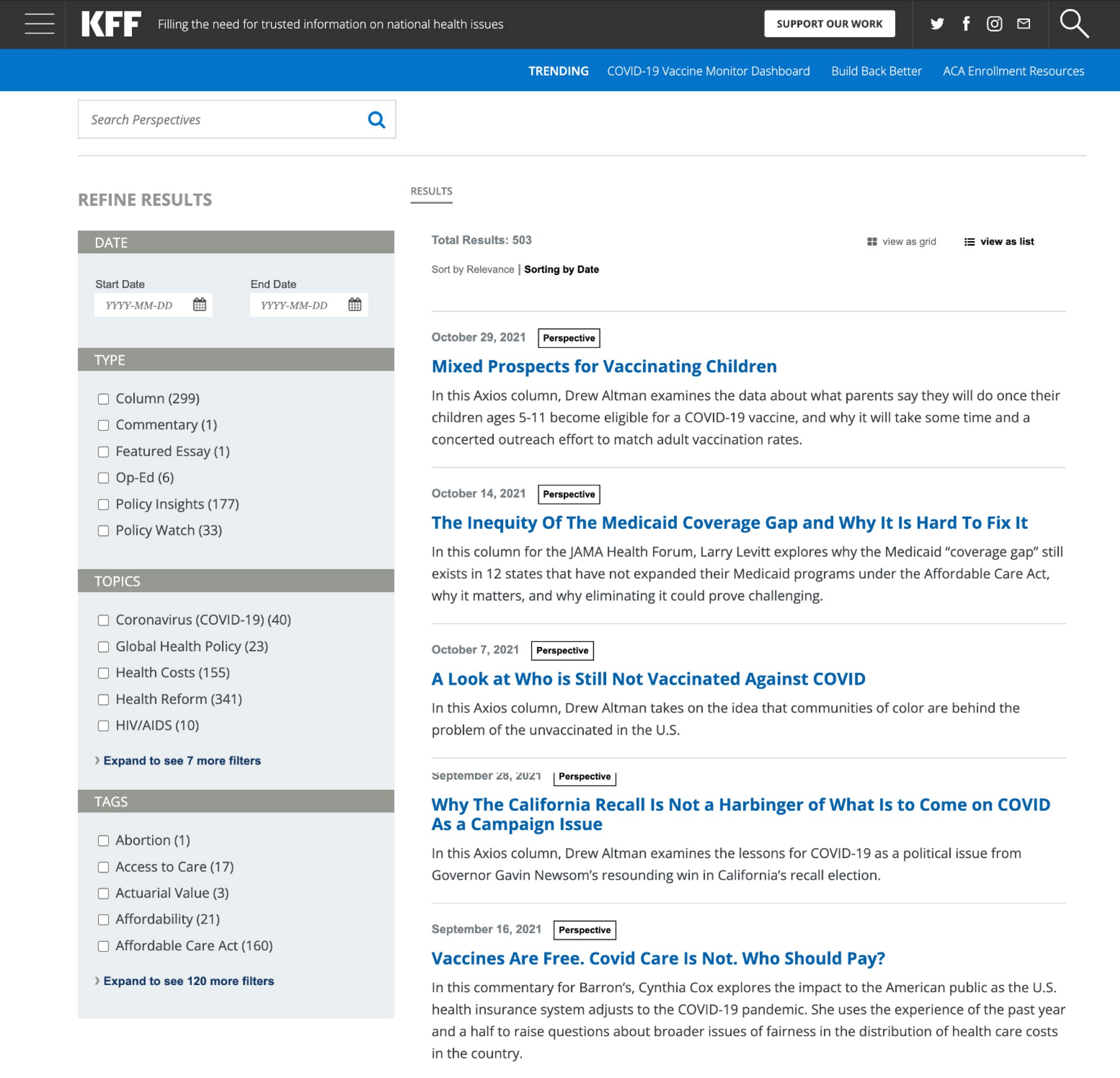 Screenshot of KFF's search page showcasing the search functionality and user interface.