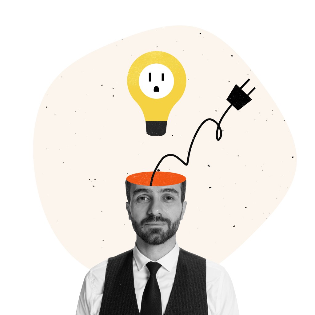 Business design of motivated employee with lighbulb appearing from head.
