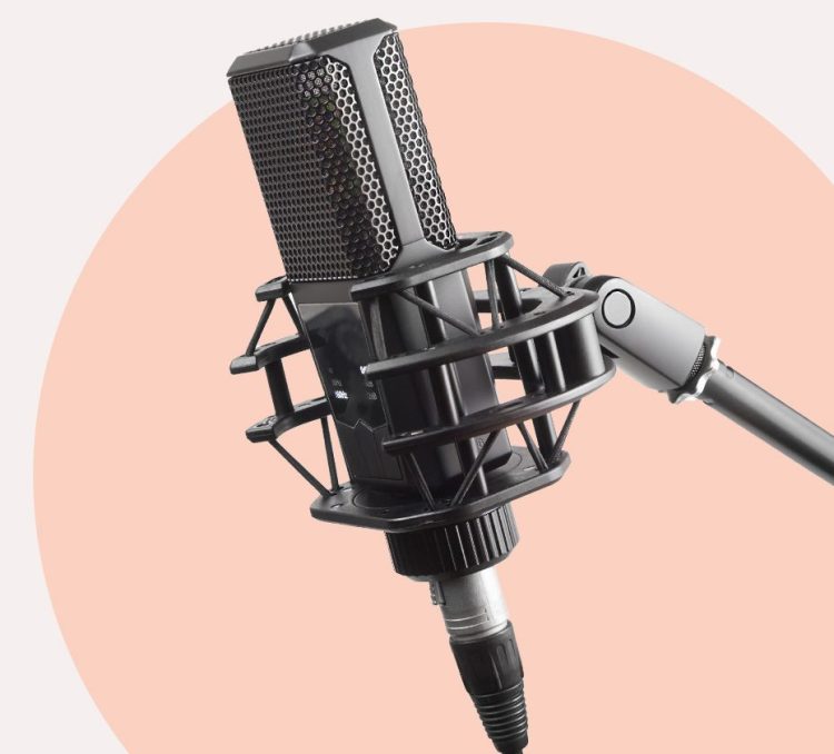A professional looking microphone like that used in a radio studio.