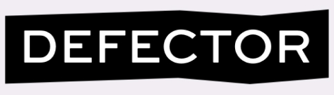 Logo for the publication, Defector. The logo is a somewhat jagged black rectangle with the name "Defector" illustrated in all uppercase white letters.