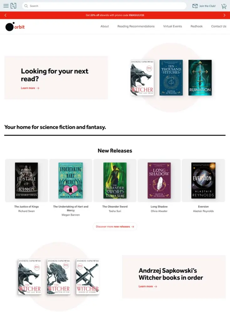 Screenshot of the desktop view of the Orbit's imprint landing page, showcasing featured books and relevant content.