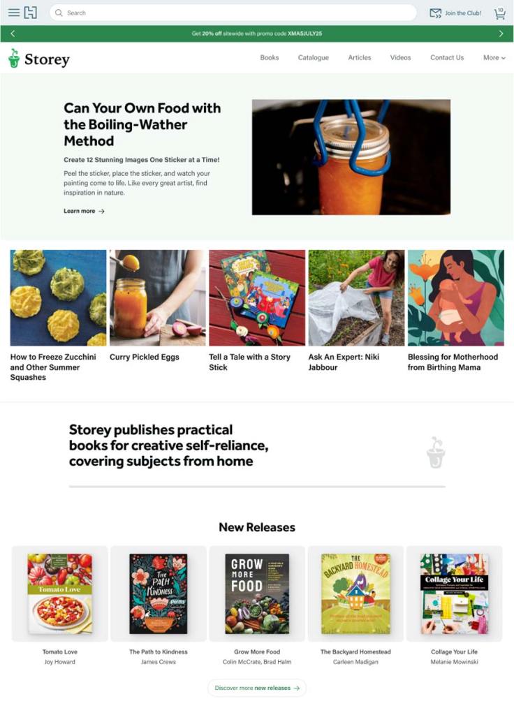 Screenshot of the desktop view of the Storey's imprint landing page, showcasing featured books and relevant content.