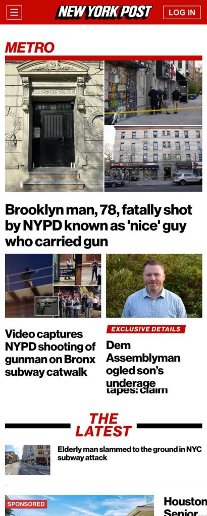 Screenshot of New York Post's mobile view Metro section, featuring articles and 'The Latest' section, providing news updates and articles on local and metropolitan topics.
